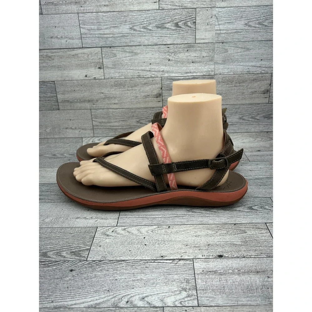 Chaco Women Leather Strappy Thong Sandals Brown Coral Size 10‎ LUVSEAT Footbed